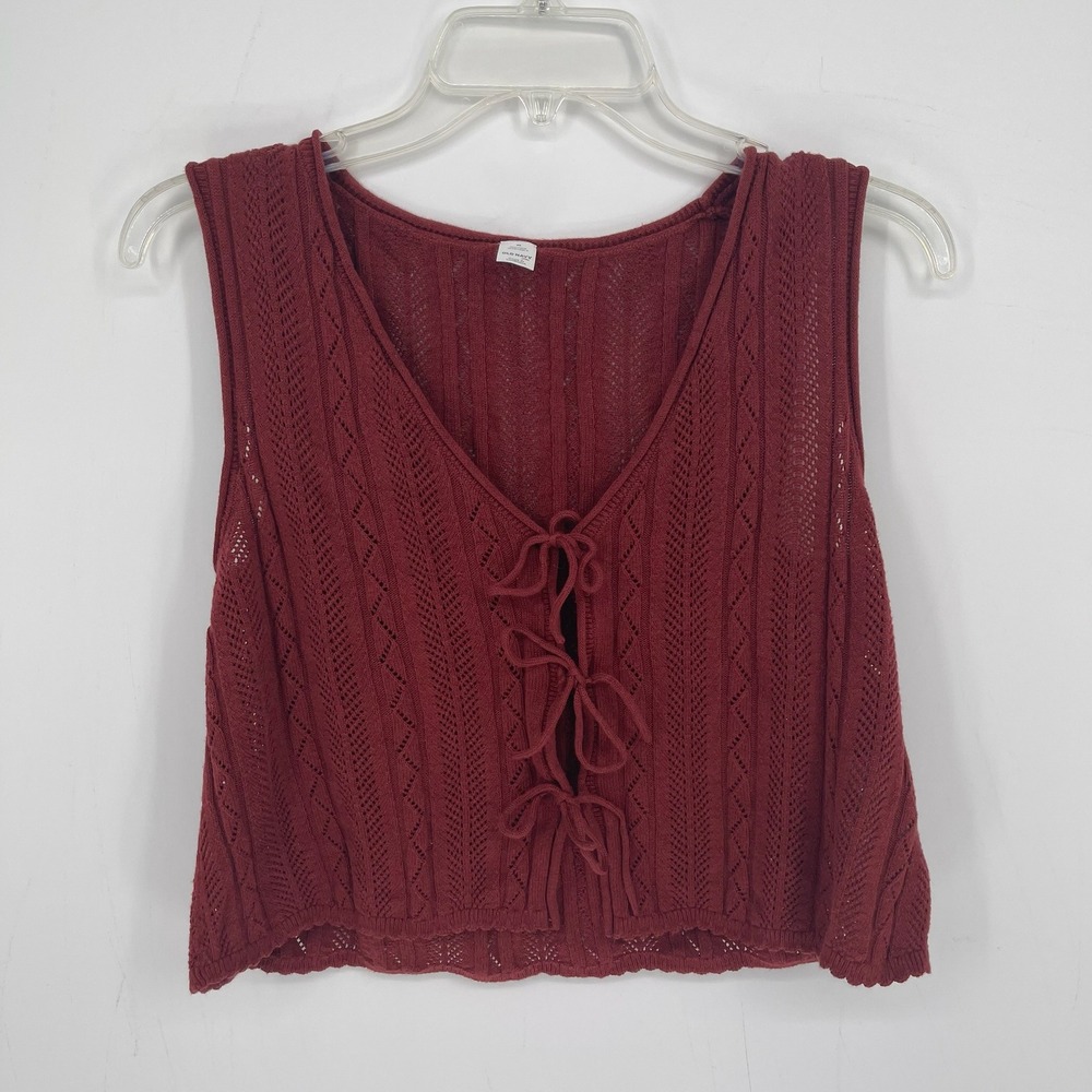 Old Navy Women's Burgundy Pointelle Knit Tie-Front Boho Sweater Vest Size M